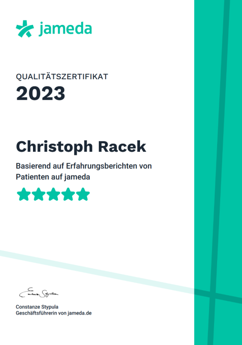 Qualitätszertifikat von 2023 für Dr. Christoph Racek